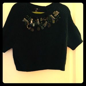 Embellished dark green crop sweater